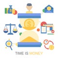 Time business for money, finance hourglass concept vector illustration. Clock balance symbol for work success. Cartoon Royalty Free Stock Photo