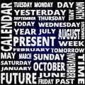 Time and calendar word cloud scribble style text on blue background Royalty Free Stock Photo