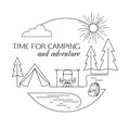 Time for Camping and Adventure. Camping and forest travel and tourism outline background. Minimalistic linear travel