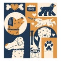 Time cards with stylish and funny animals. Pattern in hand drawn style with dog. Vector illustration in flat style