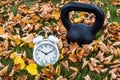 Time change, classic white alarm clock and black kettlebell outside on grass and moss with fall color in many yellow birch leaves