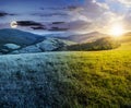 Time changes over grassy meadow in mountains Royalty Free Stock Photo