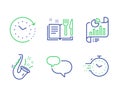 Time change, Jazz and Recipe book icons set. Chat message, Report document and Timer signs. Vector