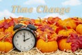 Time change message with a retro alarm clock with pumpkins and fall leaves Royalty Free Stock Photo