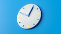 Time clock analog white on pastel blue background, modern minimal style for banner backlit hour needle, 11 o clock and 5 minutes