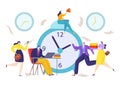 Time at clock for business deadline vector illustration. Flat countdorn for cartoon team conecpt, people near hour timer