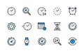 Time and clock color linear vector icons set. Time management. Alarm clock, timer, clock, stopwatch, calendar and much