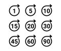 Time and clock, countdown timer of circle arrow with number icon set. Sign one minute, five, ten, fifteen or more Royalty Free Stock Photo