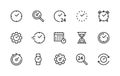 Time and clock linear vector icons set. Time management. Alarm clock, timer, clock, stopwatch, calendar and much more