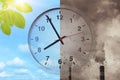 Time clock overlay pollution Earth with Clean Earth for Greenhouse effect and Global warming crisis countdown and Awareness times Royalty Free Stock Photo