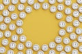 time clock scattered around ground middle void space circular pattern 3d stop still on yellow background.