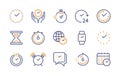 Time and clock, vector color linear icons set. Time management. Timer, speed, alarm and more. Isolated collection of