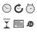 Time and clock vector linear icons set. Time management. Timer, speed, alarm, recovery, time management, calendar and more.