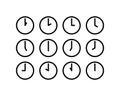 Time and clock vector linear icons set. Time management. Timer, speed, alarm, recovery, time management, calendar and