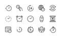 Time and clock, vector linear icons set. Time management. Timer, speed, alarm and more. Isolated collection of time for