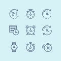 Blue Set of time, clock, watch, timer vector simple outline icons for web and mobile design pack 1 Royalty Free Stock Photo