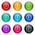 Time, clock, watch vector icons, set of colorful glossy 3d rendering ball buttons in 9 color options Royalty Free Stock Photo