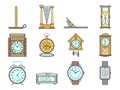 Time and clocks signs set. Watch icons. Flat line style illustrations isolated. From retro to modern collection. Classic