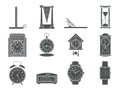 Time and clocks signs set. Watch icons. Flat line style illustrations isolated. From retro to modern collection. Classic