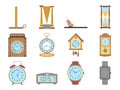 Time and clocks signs set. Watch icons. Flat style illustrations isolated. From retro to modern collection. Classic