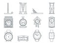 Time and clocks signs set. Watch icons. Line style illustrations isolated. From retro to modern collection. Classic