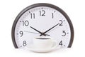 Time for a coffee break, work with coffee cup and clock at ten o clock on white Royalty Free Stock Photo