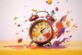 time concept, alarm clock exploding with colorful paint splashes, vibrant yellow and blue colors Royalty Free Stock Photo