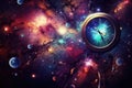 Time concept with clock and planets in space. 3D Rendering, Colorful abstract wallpaper texture background, Universe and time Royalty Free Stock Photo