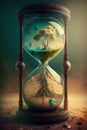 Time concept. Hourglass with planet earth and tree inside. 3D rendering