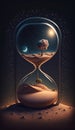 Time concept. Hourglass in sand desert. 3D Rendering