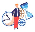 Time concept timer and hourglass cogwheels and man or businessman