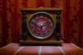 Time Concept - Vintage Wood Clock Face With Grunge Texture At Dark Red Maroon Curtain Background,