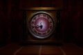Time Concept - Vintage Wood Clock Face With Grunge Texture At Dark Red Maroon Curtain Background, Nine O Clock
