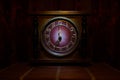 Time Concept - Vintage Wood Clock Face With Grunge Texture At Dark Red Maroon Curtain Background, Seven O Clock