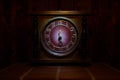 Time Concept - Vintage Wood Clock Face With Grunge Texture At Dark Red Maroon Curtain Background, Six O Clock