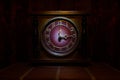 Time Concept - Vintage Wood Clock Face With Grunge Texture At Dark Red Maroon Curtain Background, Three O Clock