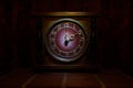 Time Concept - Vintage Wood Clock Face With Grunge Texture At Dark Red Maroon Curtain Background, Two O Clock Lunch Time