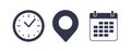 Time, date and address icon set. Travel concept or booking. Calendar, clock, location. Editable vector. Filled vector