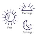 Time of the day simple icons set. Sunrise, sun, sunshine, moon and stars, silhouette vector symbols isolated on white Royalty Free Stock Photo