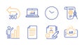 Time, 360 degrees and Divider document icons set. Algorithm, File and Online statistics signs. Vector Royalty Free Stock Photo