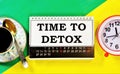 Time for detoxification the text of the plan is written on the calendar. The clock reminds you of future events. A Cup of tea for