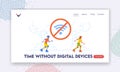 Time without Digital Devices Landing Page Template. Young Characters Rollerblading in Park. Active Recreation in Nature