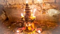 At The Time Of Diwali, For Lakshmi Worship, The Kept Sweets And `Diyas` Lamps. Different  Angle Shot And Background Blur. Royalty Free Stock Photo