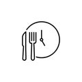 time eat lunch icon, hour healthy food, diet fast concept, break meal, clock with fork knife, thin line symbol on white Royalty Free Stock Photo