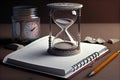 Time is of the Essence - Hourglass, Notebook, and Pen on Table - Generative AI