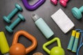 Time for exercising sport equipment on black table background, sport and healthy concept Royalty Free Stock Photo