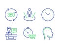 Time, Exhibitors and 360 degrees icons set. Augmented reality, Quick tips and Head signs. Vector