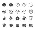 Time flat glyph icons set. Alarm clock, stopwatch, timer, sand glass, day and night, calendar vector illustrations