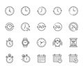 Time flat line icons set. Alarm clock, stopwatch, timer, sand glass, day and night, calendar vector illustrations. Thin Royalty Free Stock Photo