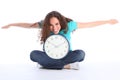 Time flies beautiful happy woman having clock fun Royalty Free Stock Photo